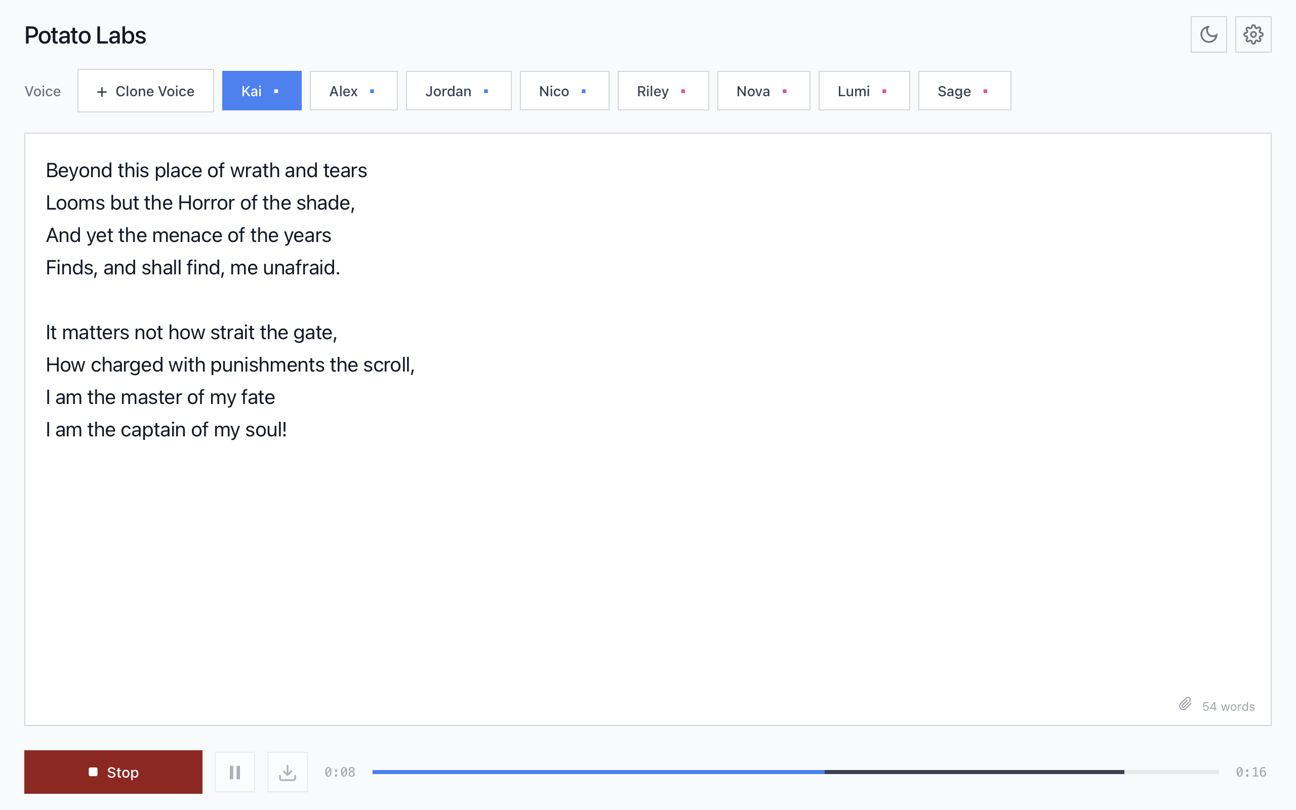 Potato Labs light mode showing text input and voice selector